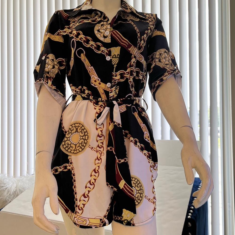 Women Chain Pattern Print Shirt Dress Half Sleeves